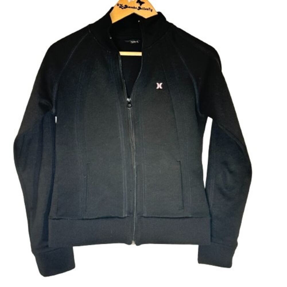 VTG Hurley Women’s Black Fitted Jacket with Rainbow Sides Full Zip Retro Style